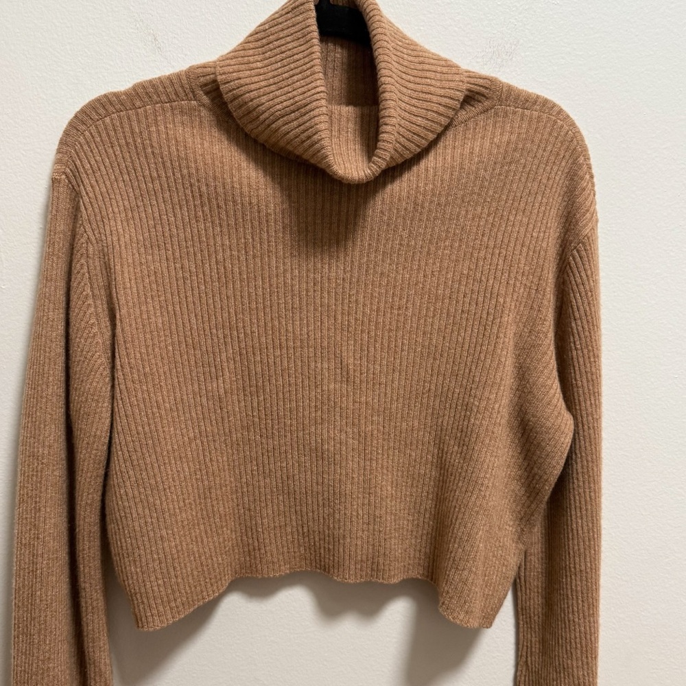 Reformation cropped cashmere sweater camel tan ribbed knit turtleneck spring XS - Picture 4 of 10